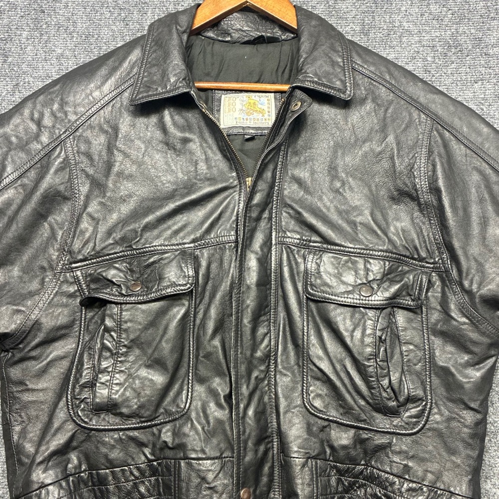 Vintage Gino Leathers Black Bomber Jacket Euro Style Cropped Cargo Coat Large - Picture 2 of 4